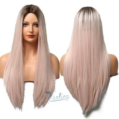 China HAOLING OEM/ODM Ombre Brown Long Daily Use Light Pink Straight Synthetic Wigs For Women Cosplay Middle Part Glueless Heat Resistant Wig for sale