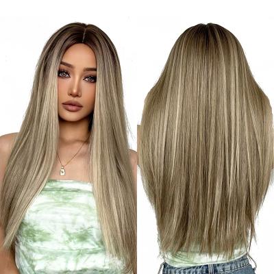 China Daily Use HAIRCUBE Wigs Supplier Long Synthetic Straight Brown Blonde Wig With Daily Highlight Hair For Synthetic Women Wigs for sale