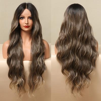 China Ombre Black Daily Wear Wig Dark Brown Synthetic Lace Front Wigs For Black Women Long Deep Wave Synthetic Hair Wig for sale