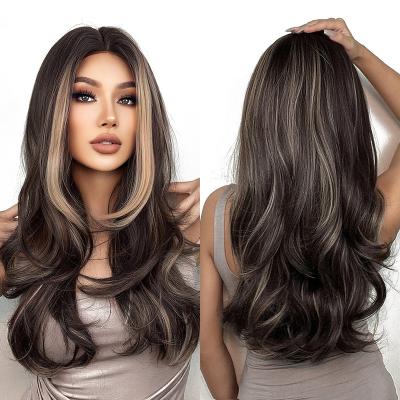 China Daily Use Fast Delivery Long Straight Synthetic Lace Front Wigs Brown Highlight Golden Lace Wigs With Baby Hair For Black Women for sale