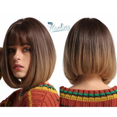 China Daily Use Brown To Chemical Fiber Suitable Short Hair Blonde Wig Part Bob Wig With Air Bangs Fast Delivery for sale