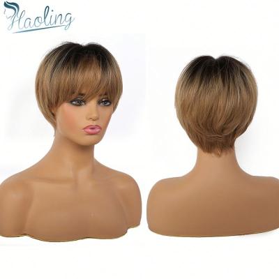 China Daily Use Short Ombre Black To Brown Layered Hair Wigs For Women Natural Synthetic Wigs With Bangs Synthetic Wigs Fast Delivery for sale