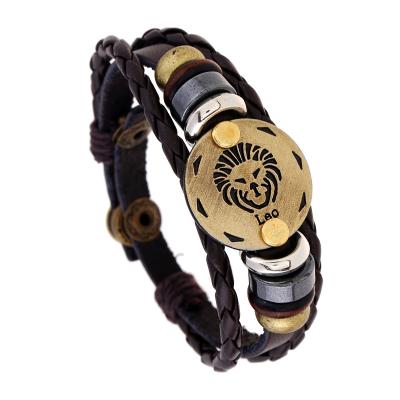 China Amor Wholesale Scorpio Virgo Mens Womens Vintage CLASSIC Punk Braided Adjustable Leather Bracelet Zodiac Sign for sale