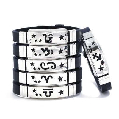 China Amor Constellation Valentine's Day Punk Braided Leather Silica Gel Stainless Steel Bracelet Zodiac Sign CLASSIC for sale