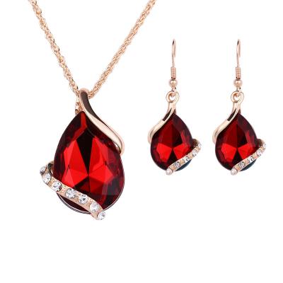 China Fashion Costume Jewelry Set Fashion Gold Plated Costume Jewelry Set Red Blue Water Drop Gemstone Necklace Earrings Pendant Jewelry Set for sale