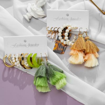 China New Cute Boho Afghan Ethnic Style Handmade Tassel Earring Set For Women Fashion Acrylic Geometric Bead Earring Set Wholesale for sale