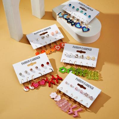 China New Cute Simple Colorful Flower Bear Stud Earrings Set For Women Cute Fashion Jewelry Thin Earrings for sale