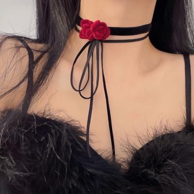 China Vintage Retro Wine Red Rose Flower Velvet Necklace French Necklace Women Girl Jewelry Sweet Gift Elegant Sexy Clavicle Chain for sale