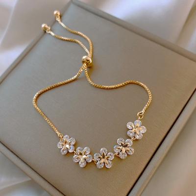 China New Trendy Fashion Simple True Gold Plated 14K Gold Plated Zirconia Flower Bracelet For Women Trendy Charm Korea Fine Jewelry Bangle Accessories for sale