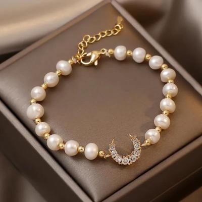 China New Trendy Fashion Shaped Freshwater Pearl Zircon Moon Bracelet For Women Fine Vintage French Pearl Jewelry Bracelet Gift for sale