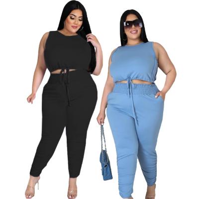 China 2021 summer drop shipping summer drop shipping pleated fashionable fashionable custom made extras plus size woman clothes two piece set solid plus size women clo for sale