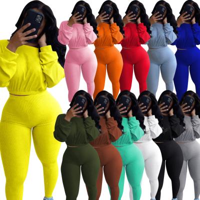 China 2021 QUICK DRY Ribbed Knit Women Winter 2 Piece Set Custom Logo Plain Ladies Two Piece Women's Jogger Set for sale