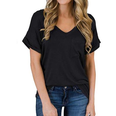 China Anti-Wrinkle Women's Custom Empty Pocket Decoration Short Sleeve V-Neck T-Shirts Loose Casual Tee Tops Ladies T-shirt for sale