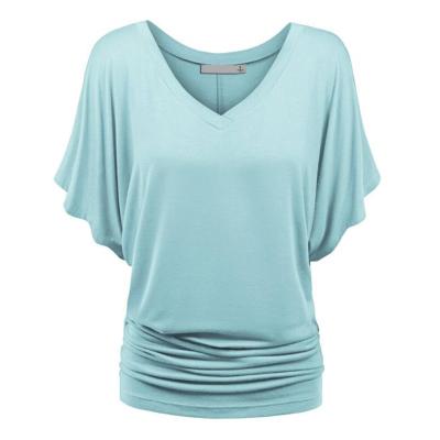 China Anti Wrinkle Wholesale Women's Batwing Base Solid Short Sleeve Tops Loose Boat Neck V-Neck Dolman Ladies Top With Side Bubble for sale