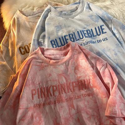 China New Summer Sale Women's T-shirts Anti-wrinkle Round Neck Dye Loosely Knotting Letters Cotton Woman Oversized T-shirt for sale