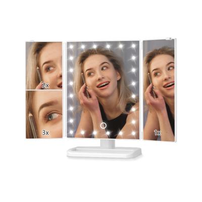 China Trifold Vanity Mirror Lighted Led Makeup With Wireless Speaker LED Lights With 3 Color Modes Smart Mirror for sale