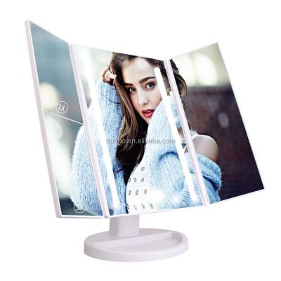 China New Vanity Girl's Triple Adjustable Makeup Mirror Portable Beauty Stand Up Travel Mirror With Lights for sale