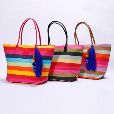 China Lady Rainbow Color Promotional Good Quality Beach Bags Bohemian Beach Bag With Long Tassel Ornament for sale