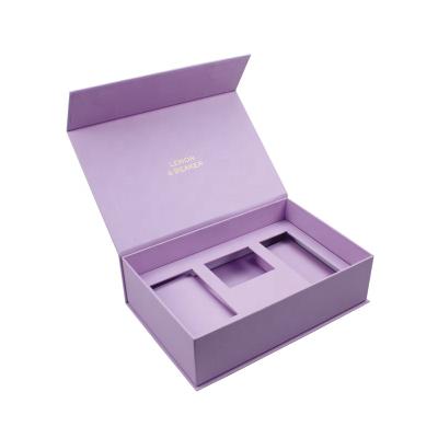 China Handmade Custom Packaging Hard Magnetic Purple Gift Box With Paper Card Insert for sale