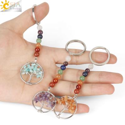 China Natural Hot Stone CSJA Chakra 7 Tree Key Chain G312 Key of Life Holder Natural Reiki Stone Pendant for sale