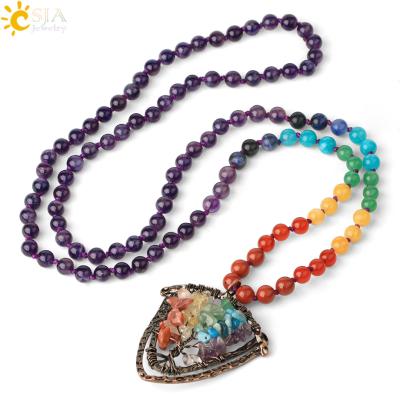 China 6mm Natural Stone CSJA 7 Chakra Tree Of Life Shield Pendants 108 Mala Bead Sweater Necklaces Long For Female Jewelry G451 for sale