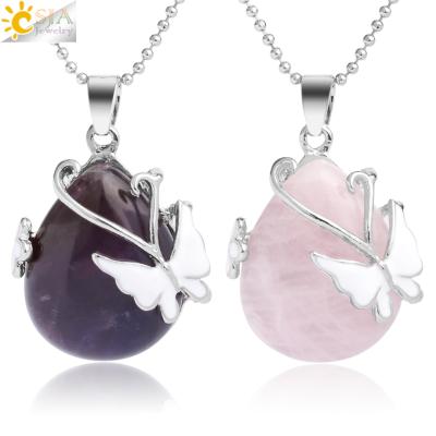 China Natural Color CSJA+Flower+Silver Butterfly Eye Butterfly Eye Flower Rose Quartz Amethyst Silver Water Drop Stone Water Drop Stone Pendant Necklace for sale