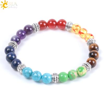 China 7 Chakra Beads+Round Gemstone+Colorful Mixed Color CSJA Natural Stone Healing Reiki Bead Lucky Bracelet For Women Crystal Quartz 7 Chakra Bracelets E998 for sale