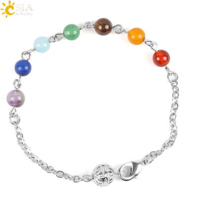 China 7 Color Chakra Stone Bead + Natural CSJA 7 Link Chain Chakra Stone Yoga Chain Bracelet Women Healing Reiki Jewelry E117 for sale