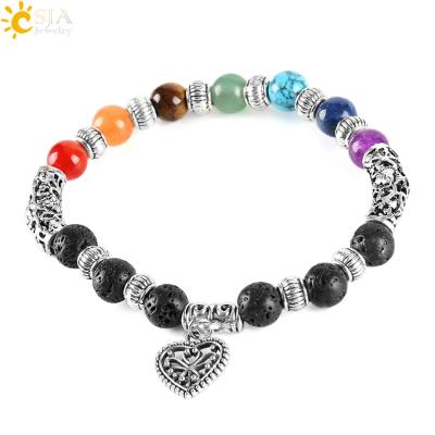 China Rainbow Colors + Natural Reiki Stone + Natural Stone Heart Charm Bracelet E281 Beautiful Vintage Accessories CSJA New Fashion 7 Chakra Rainbow Gemstone Jewelry healing for sale