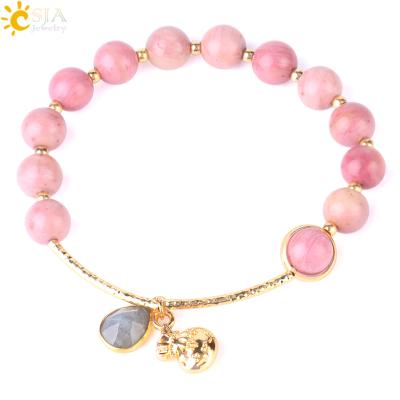 China 8mm beads + natural stone + charm gold color + CSJA elastic natural labradorite stone beaded bracelet gold-color chain wome charm handmade gemstone jewelry F546 for sale