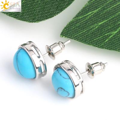 China Natural Stone + Cabochon Stone + Siliver Color + Simple CSJA 2020 Style Natural Stone Round Around Blue Turquoise Earrings G063 for sale