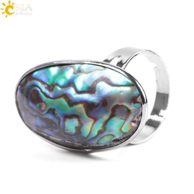 China Raw Gem Stone + Reiki Charm Healing + CSJA Unique Color Fashion Natural Abalone Shell Rings For Women Men Silver Color Wholesale Adjustable Ring F054 for sale