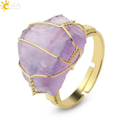 China Irregular Stone Natural Hot Natural Wire Wrap Irregular CSJA Gem Rings Gold-color Fluorite Adjustable Women Ring Jewelry G339 for sale