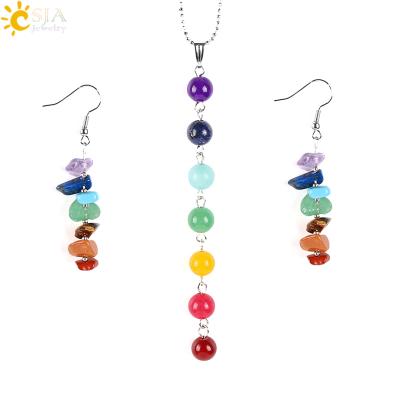 China Colorful Round Stone Bead Pendant + Reiki Healing Jewelry Set Women Wholesale 7 Chakra Chips Earrings CSJA Rainbow Color Earring Necklace Set E702 rainbow chips for sale