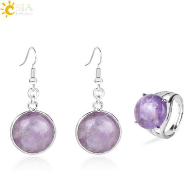 China Natural Stone + Purple + Silver Color + Round Beads CSJA Stone Jewelry Set Natural Amethyst Earring Ring Set Silver Color Dangle Women Lover Jewelry F664 for sale