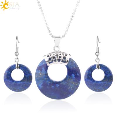 China Wholesale Natural Round+Unique Color+Cavity CSJA Real Lazulite Stone Jewelry Set Drop Earrings And Round Pearl Pendant Necklace Set For Women F615 for sale