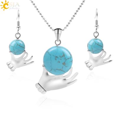 China Round Flat Stone Bead + Hand Shaped + Blue Stone CSJA Turquoise Flat Stone Jewelry Set Handmade Crystal Round Flat Stone Beads Necklace Dangle Earrings For Women Gift F258 for sale