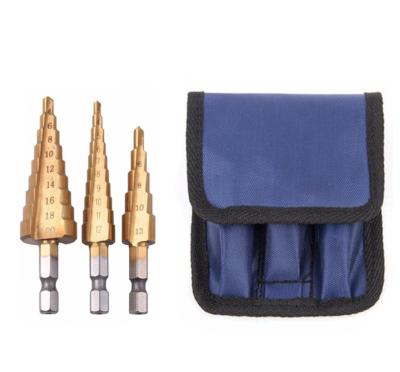 China Titanium Steel 3-12mm 4-12mm 4-20mm Drilling 3pcs Hss Steel Step Drill Bits Taper Cutting Tools Woodworking Metal Titanium Steel Set for sale