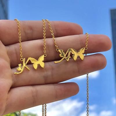 China Wholesale 18K Fashionable CLASSIC Gold Plated Stainless Steel Initial Necklace Woman Pendant Butterfly Letter Chain Necklace for sale