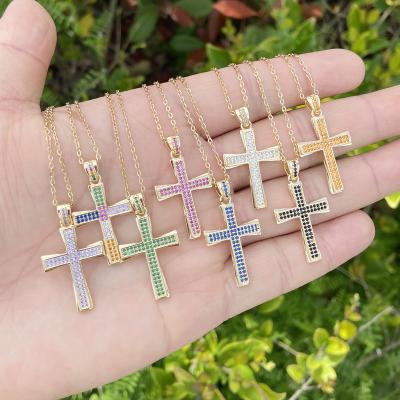 China CLASSIC High Quality Jewelry Colorful Zircon 5A Choker Necklaces 18K Gold Plated Stainless Steel Cross Pendant Chain Necklace For Women for sale