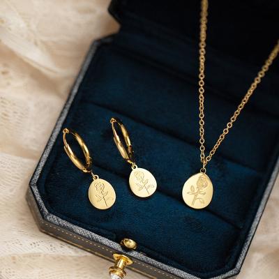 China CLASSIC Rose Flower Earrings Necklace Jewelry Set Gold Plated Necklace Pendant 18k Stainless Steel Necklaces For Women for sale