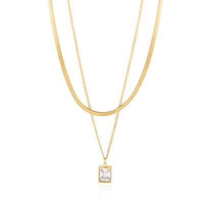 China CLASSIC 18K Gold Plated Crystal Zircon Choker Layered Necklaces Chain Stainless Steel Fishbone Pendant Necklace For Women for sale