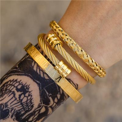 China CLASSIC Stainless Steel Braid Wire Opening Bangle Bracelet 18K Gold Plated Twisted Cuff Bracelet For Women Men for sale