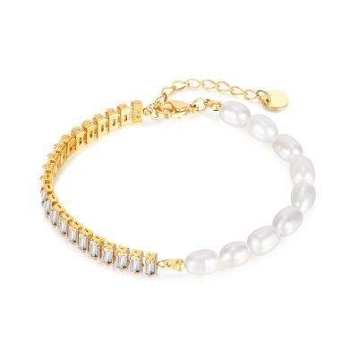 China CLASSIC Charm Zircon Chain Stainless Steel AAA Tennis Bracelets Jewelry 18K Gold Plated Freshwater Pearl Bracelet For Women for sale