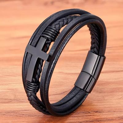 China 2022 New CLASSIC Design Stainless Steel Genuine Leather Vintage Braided Leather Bracelet Magnetic Clasp Leather Bracelet For Men for sale