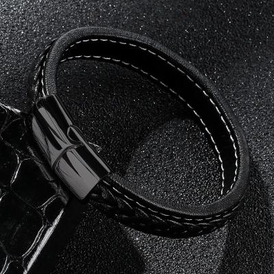 China Vintage Stainless Steel CLASSIC Mens Genuine Leather Jewelry Accessory Braided Magnetic Clasp Leather Bangle Bracelet For Men for sale