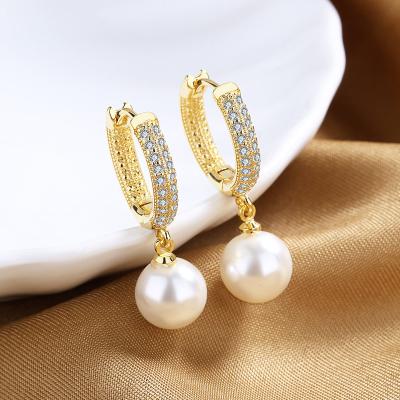 China Wholesale TRENDY 18K Gold Plated Zircon Drop Earring Fashion Jewelry Fine Freshwater Pearl Circle Earring For Women for sale