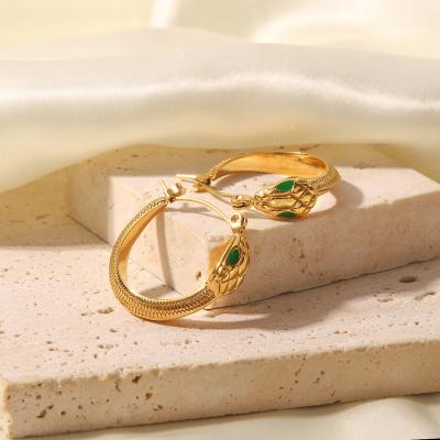 China TRENDY Designer Fashion Jewelry 18K Gold Plated Stainless Steel Snake Shape Design Green Eyes Zircon Stud Earrings For Women for sale