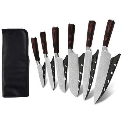 China Sustainable Xingye 7Cr17 Stainless Steel Kitchen Knife Roll Damascus Style 7pcs Chef Knife Set With Bag for sale