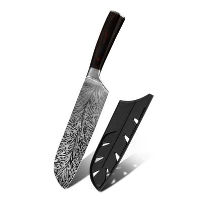 China Viable hot selling vein 7Cr17mov stainless steel feather overall 7 inch santoku japan chef knife with knife sheath for sale